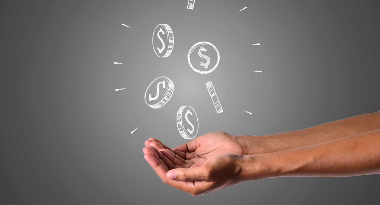 Open hands beneath illustrated falling coins with dollar signs, symbolizing financial gain or profit.